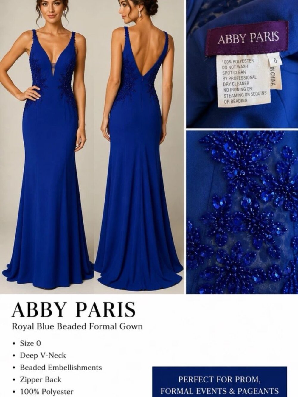 Abby Paris Bridesmaid Prom Formal Gown Royal Blue V-Neck Maxi Dress Women's sz 0